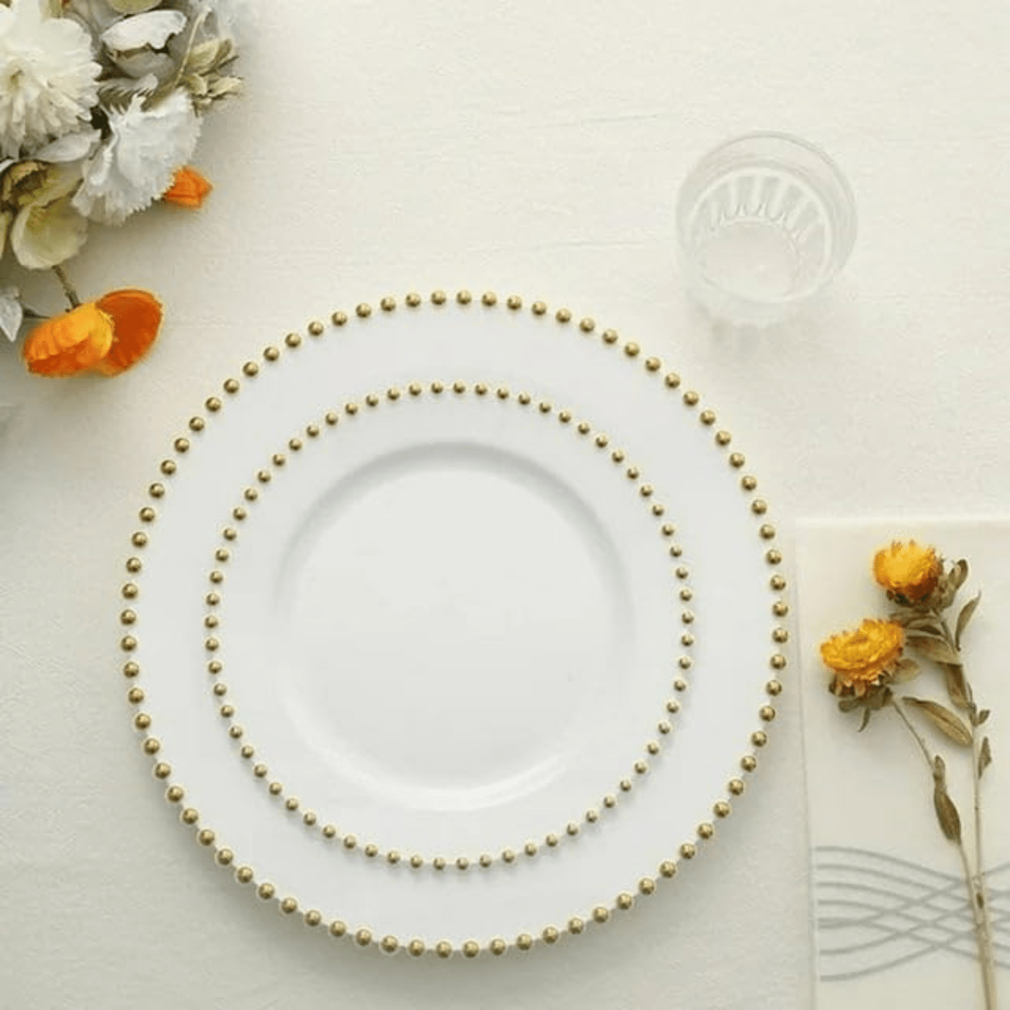 Beaded 7.5" White & Gold EXTRA HEAVY Weight Plastic Dessert Plates Decorline
