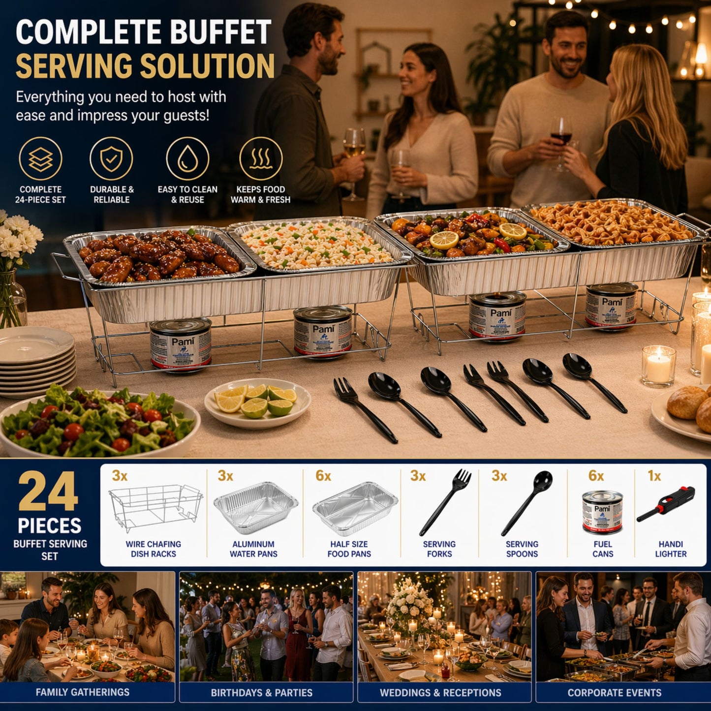 24 Piece All-in-One Chafing Dish Set for Catering & Events Disposable VeZee