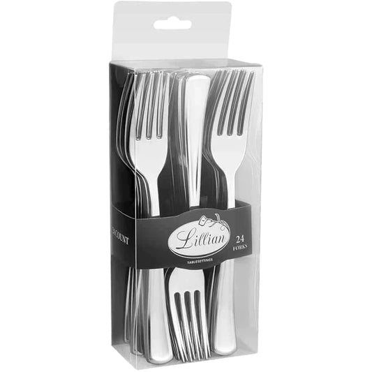 Polished Silver 24-Piece Boxed Plastic Forks Lillian Table Settings Forks King Zak   