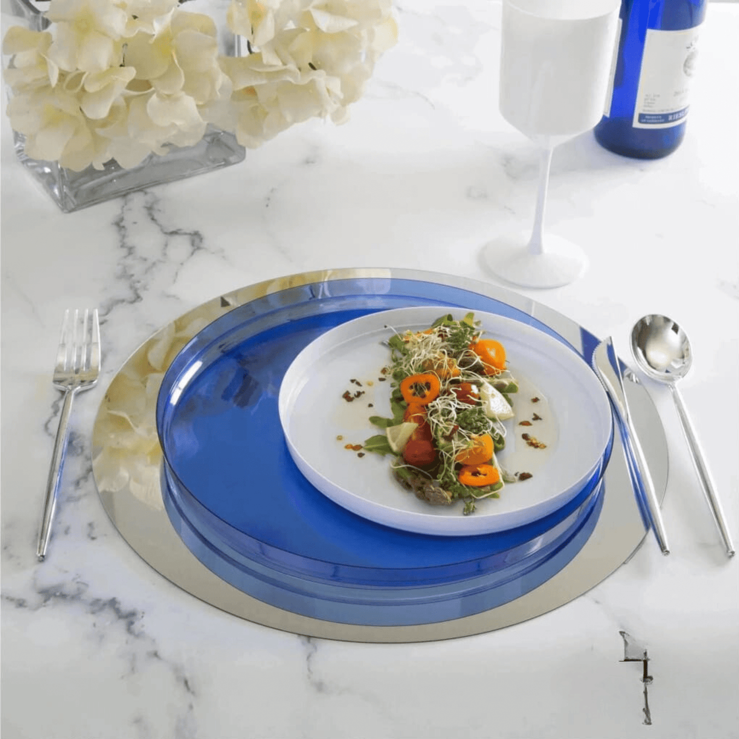 13" Silver Round Lightweight Plastic Mirror Charger Plate - 1-Piece with Easy Peel Protective Coating Chargers Luxe Party NYC