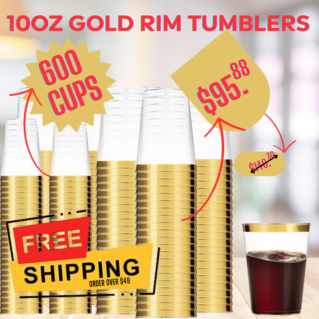 *Buy Bulk* Plastic Disposable Cups Gold Rim Tumblers 10 oz Jumbo Pack Tumblers Blue Sky 600 Pieces⟹10% off