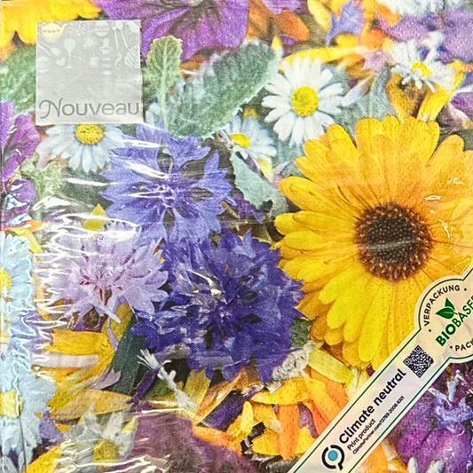 Single Paper Napkins For Decoupage Yellow Purple Flora Flower Pattern 1 Pack (20 Napkins) Napkins Nouveau   