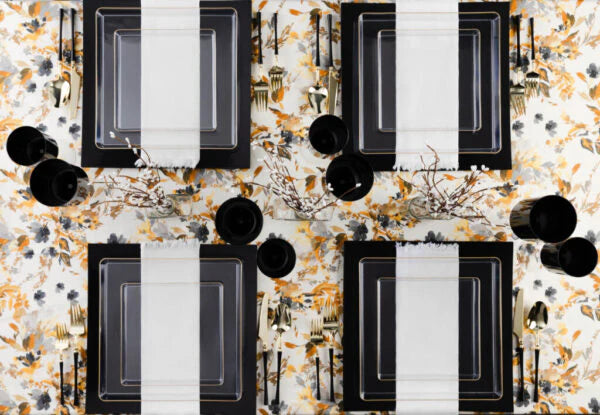Edge 10.75" Clear with Gold Rim Square Plastic Dinner Plates Disposable Plates SIMCHA Collection