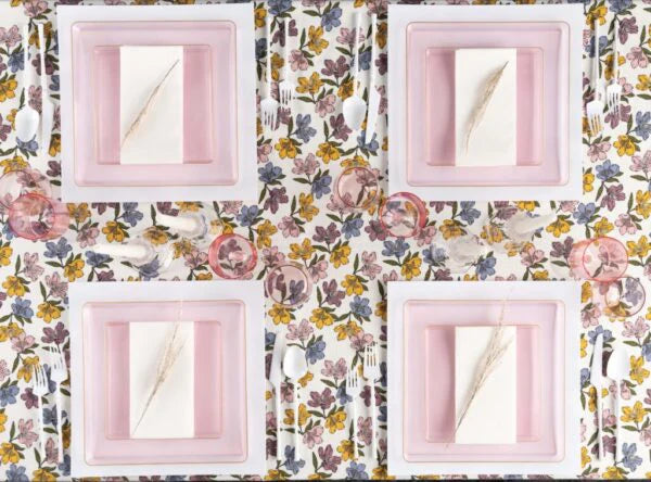 Edge 10.75" Transparent Pink with Gold Rim Square Plastic Dinner Plates Disposable Plates SIMCHA Collection