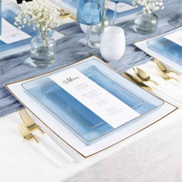 10.75"&7.75" Square Blue With Gold Rim Plastic Plates COMBO Set-Edge Combo Disposable Plates SIMCHA Collection