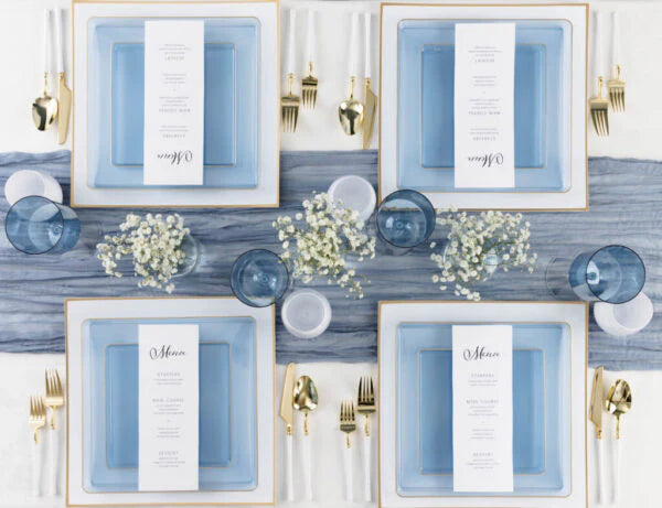 Edge 10.75" Transparent Blue with Gold Rim Square Plastic Dinner Plates Disposable Plates SIMCHA Collection