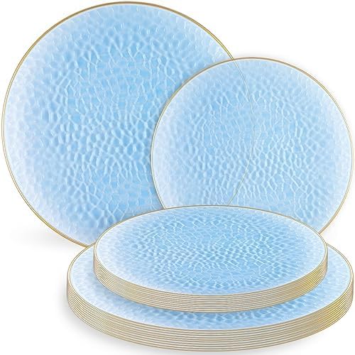 Organic Hammered 7" Blue with Gold Rim Appetizer/Dessert Plates Tablesettings Blue Sky