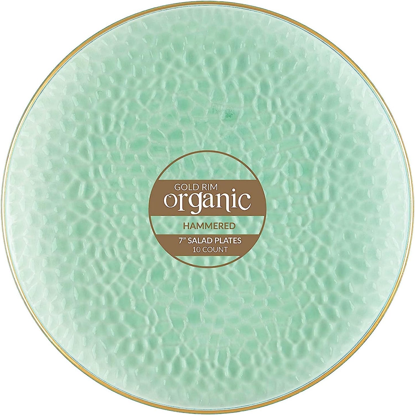 Organic Hammered 7" Green with Gold Rim Plastic Disposable Dessert Plate Tablesettings Blue Sky