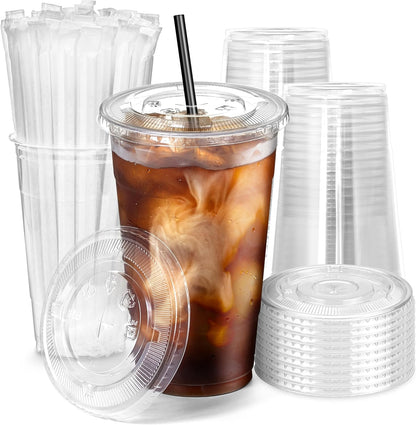 24oz Plastic Clear PET Cups With Flat Lid & Straw, for All Kinds of Beverages Smoothie Cups VeZee Cups/Lids/Straws 100 Pack 