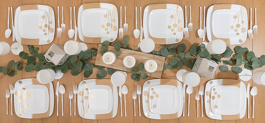 Plastic Dandelion 7.25" White & Gold Square Disposable Appetizer/Dessert Plate 10CT Tablesettings Blue Sky