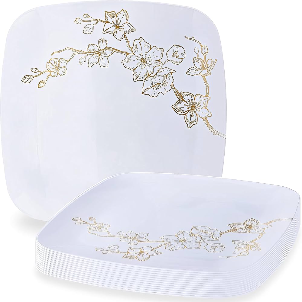 Gold Buds Collection 10" White & Gold Square Dinner Plates Tablesettings Blue Sky