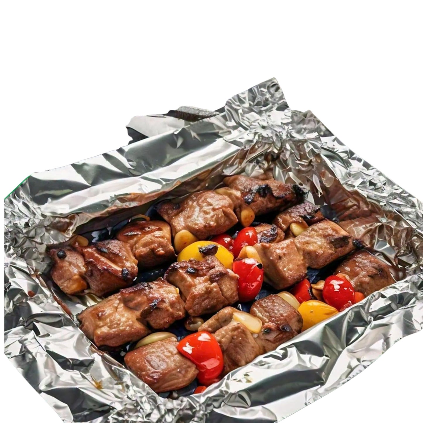 Grilled skewers with vegetables wrapped in tinfoil on a white background