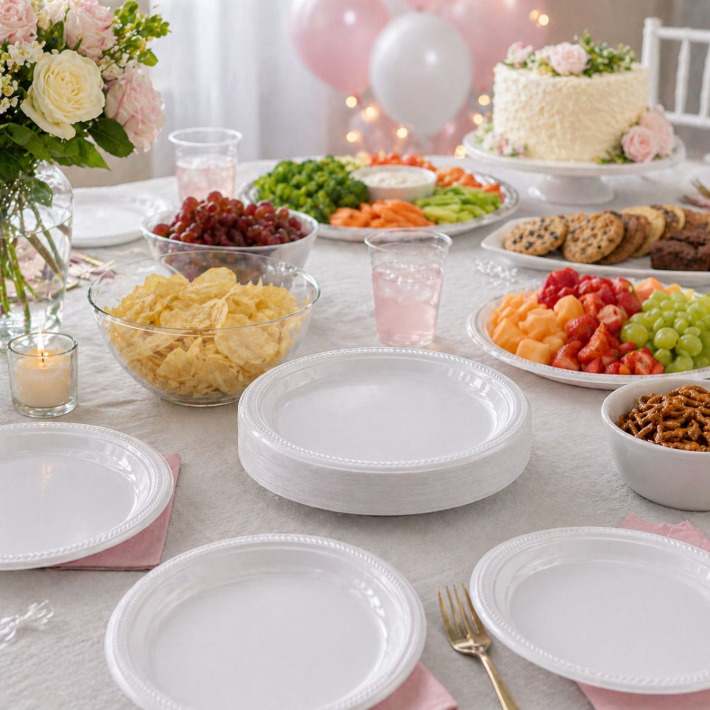 Dessert table with white plates, snacks, and a cake.
