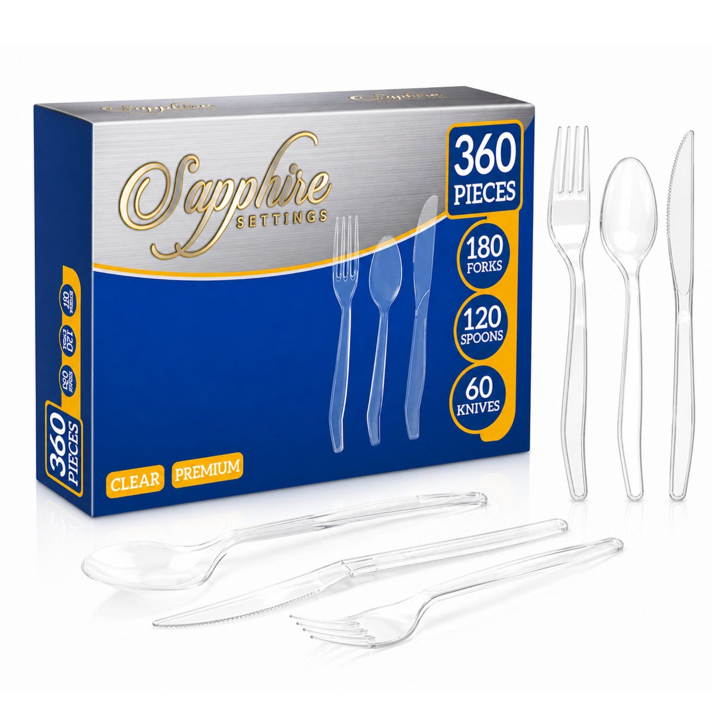 360 Piece Clear Plastic Cutlery Set Forks Spoons Knives Premium Disposable Disposable Cutlery Set Sapphire