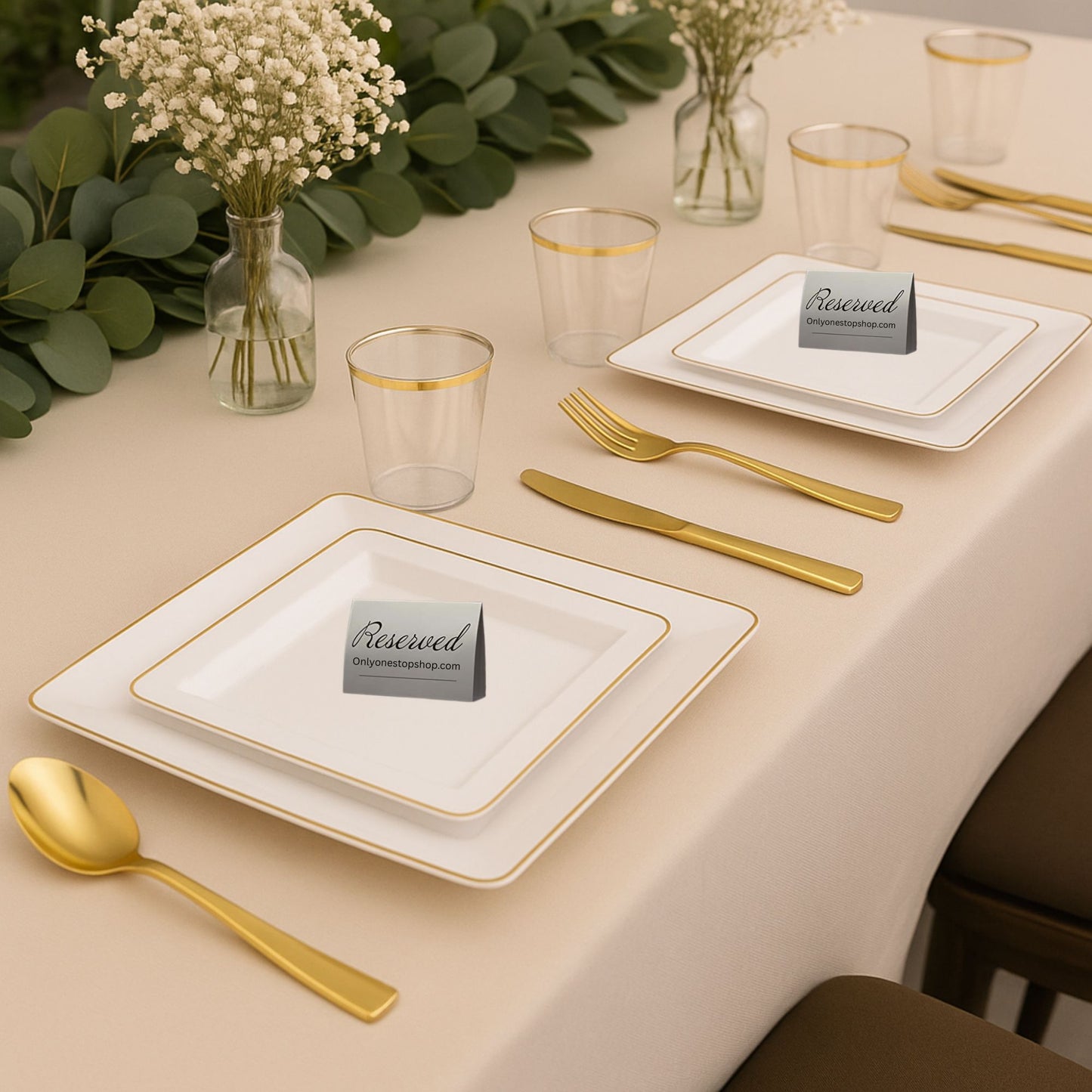 COMBO SET The Edge Collection 10.75" & 7.75" Square White With Gold Rim Plastic Dinnerware Combo Disposable Plates SIMCHA Collection