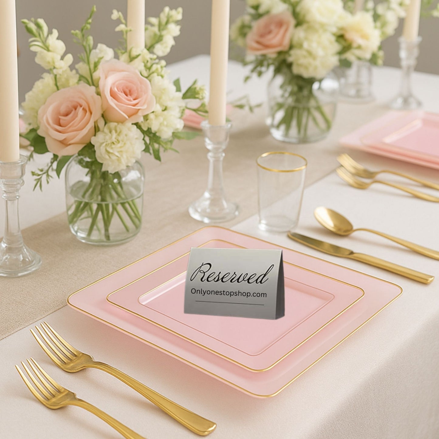 COMBO SET The Edge Collection 10.75" & 7.75" Square Pink With Gold RIme Plastic Dinnerware:20CT Combo Disposable Plates SIMCHA Collection