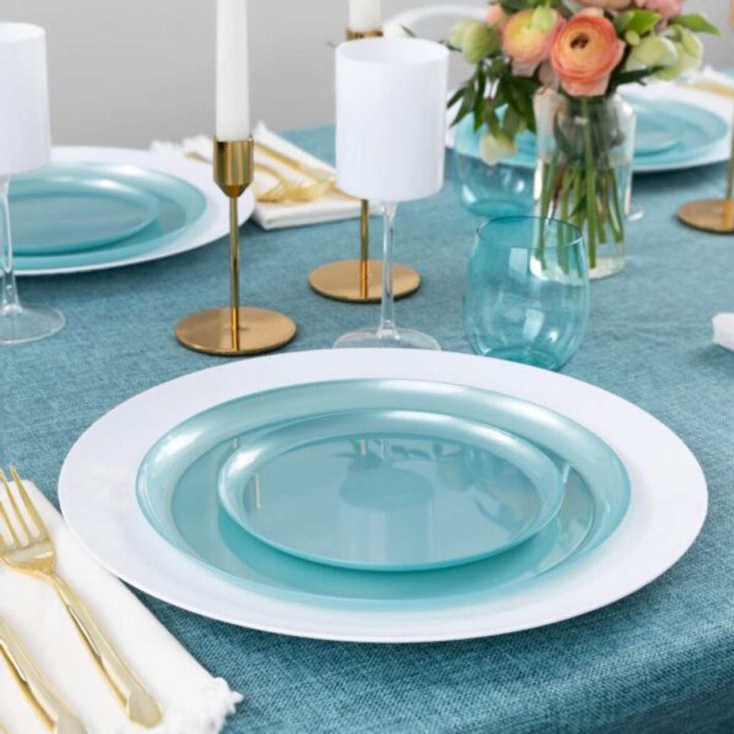 6.3"&8.6" Teal Pearl Plastic Plates COMBO Set-Edge Combo Disposable Plates SIMCA Collection
