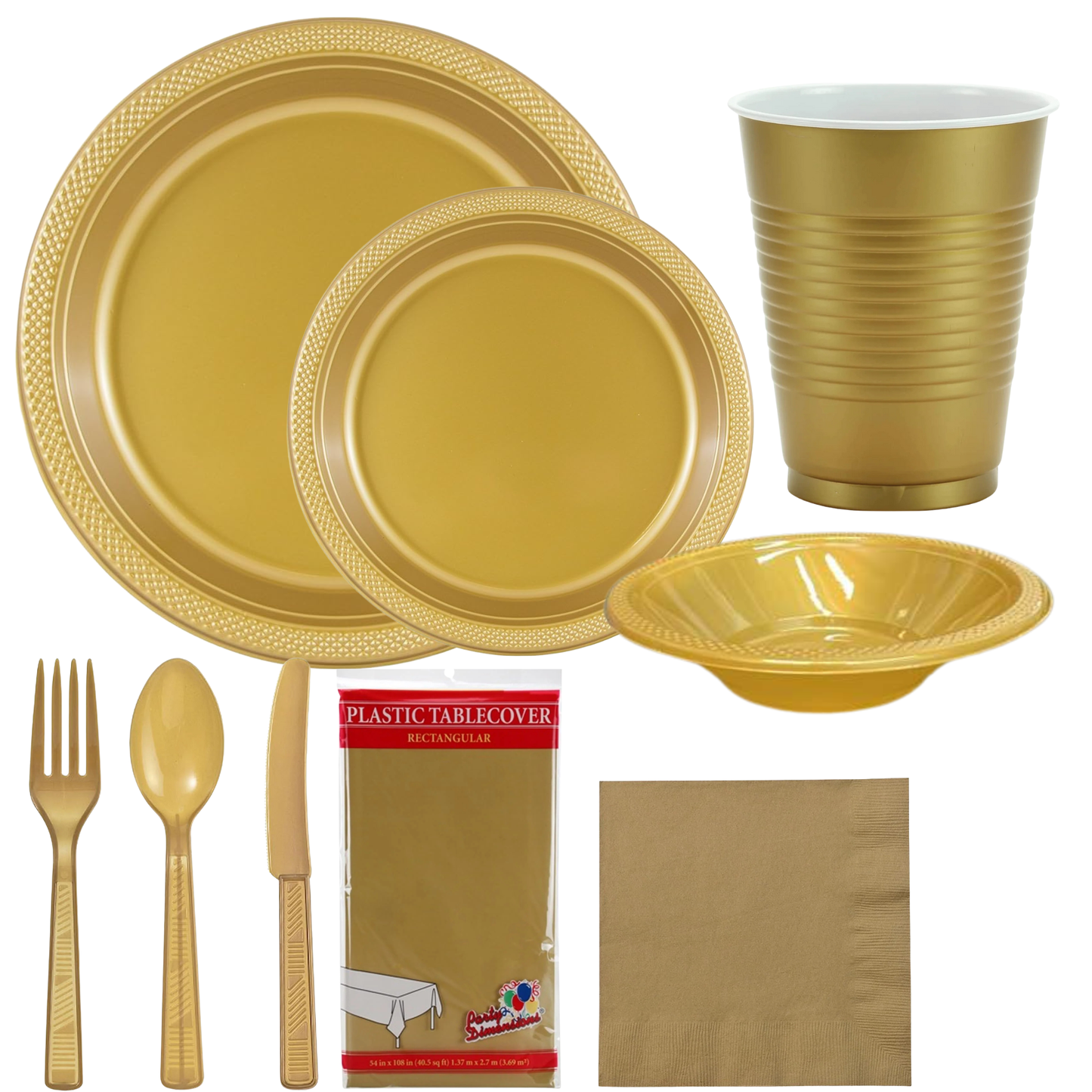 GOLD Complete Plastic Disposable Dining Solution for Your Event: Budget Party Set Disposable Tableware Hanna K Signature