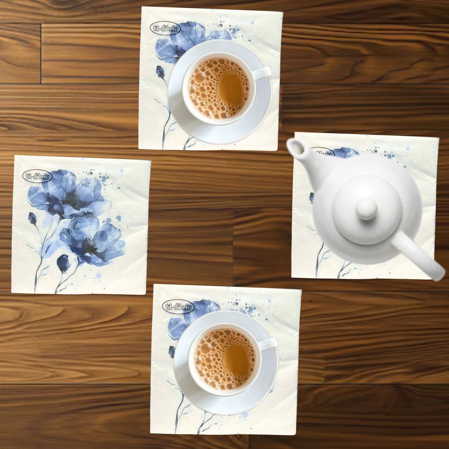 13" x 13" 3-Ply Premium Blue Floral Tissue Napkins: 20 Count Napkins Ti-Flair