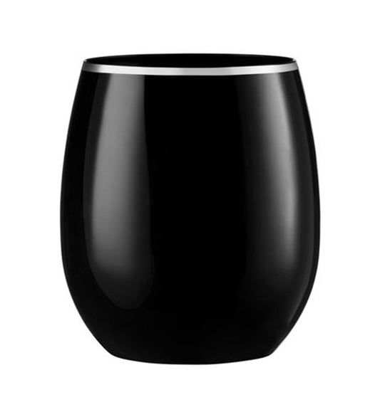 Stemless Plastic Wine Goblet 12oz Black / Silver Rim  Decorline   