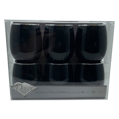 Stemless Plastic Wine Goblet 12oz Black / Silver Rim  Decorline   