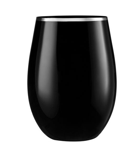 Stemless Plastic Wine Goblet 16oz Black / Silver Rim  Decorline   