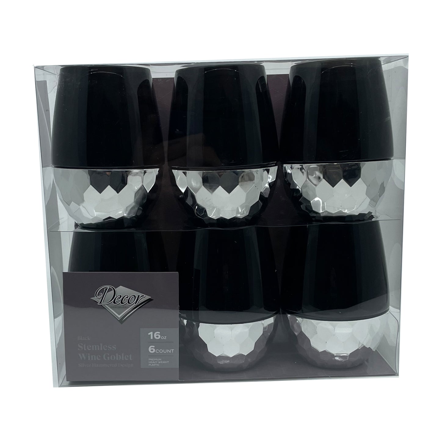 Stemless Plastic Hammered Wine Goblet 16oz Black / Silver Bottom  Decorline   