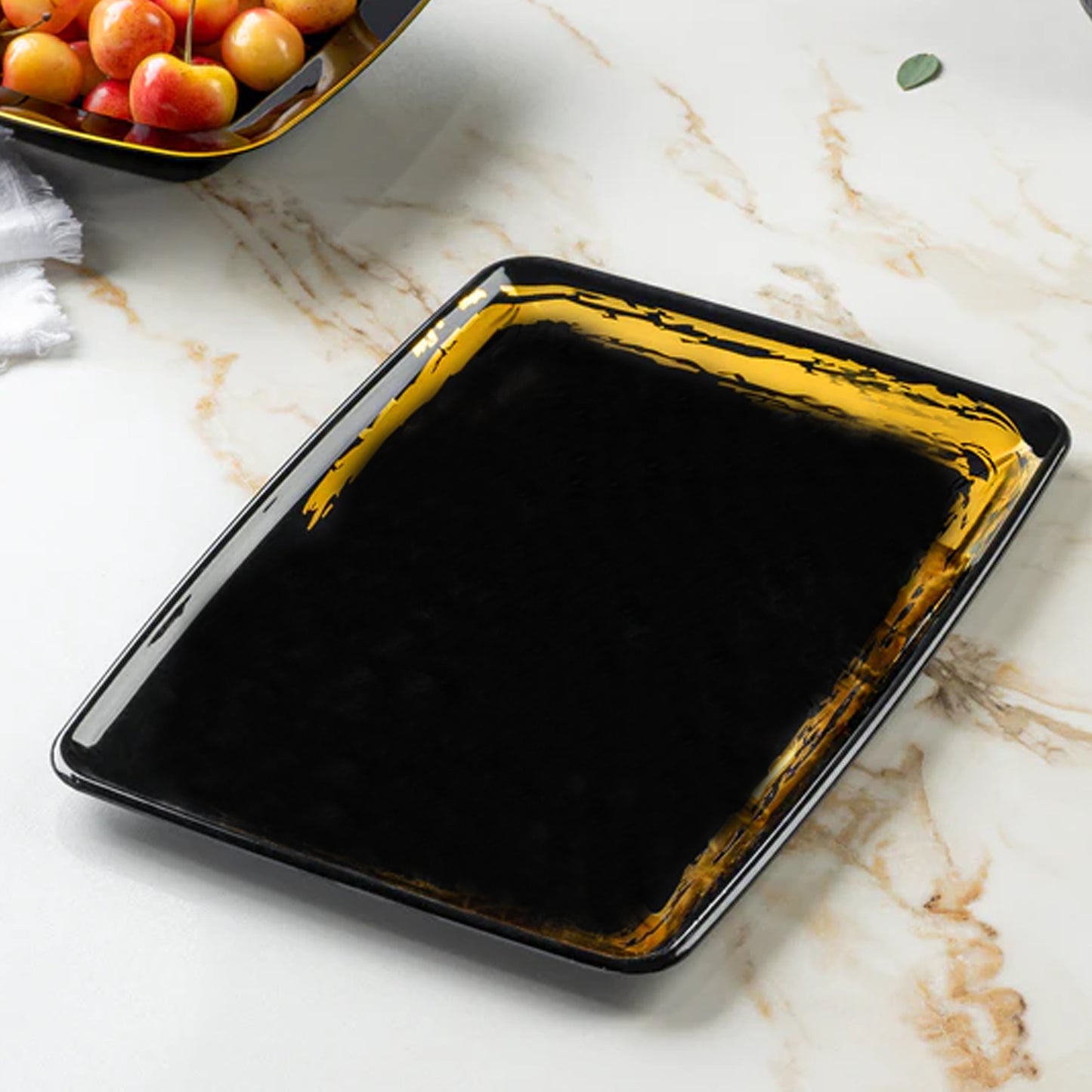 Whisk Collection 8" x 11" Black Rectangle Serving Plastic Tray Gold Accent Decorline