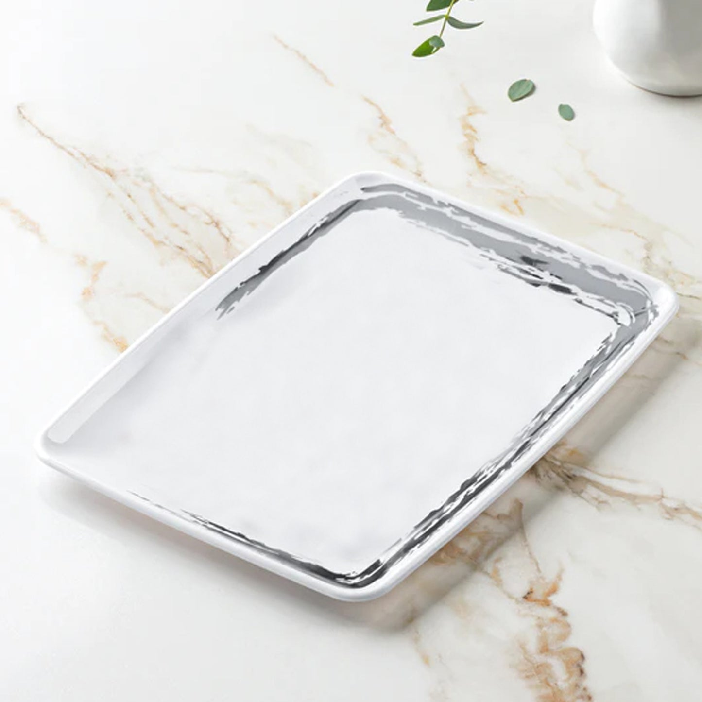 Whisk Collection 8" x 11" White Rectangle Serving Plastic Tray Silver Accent Decor Line