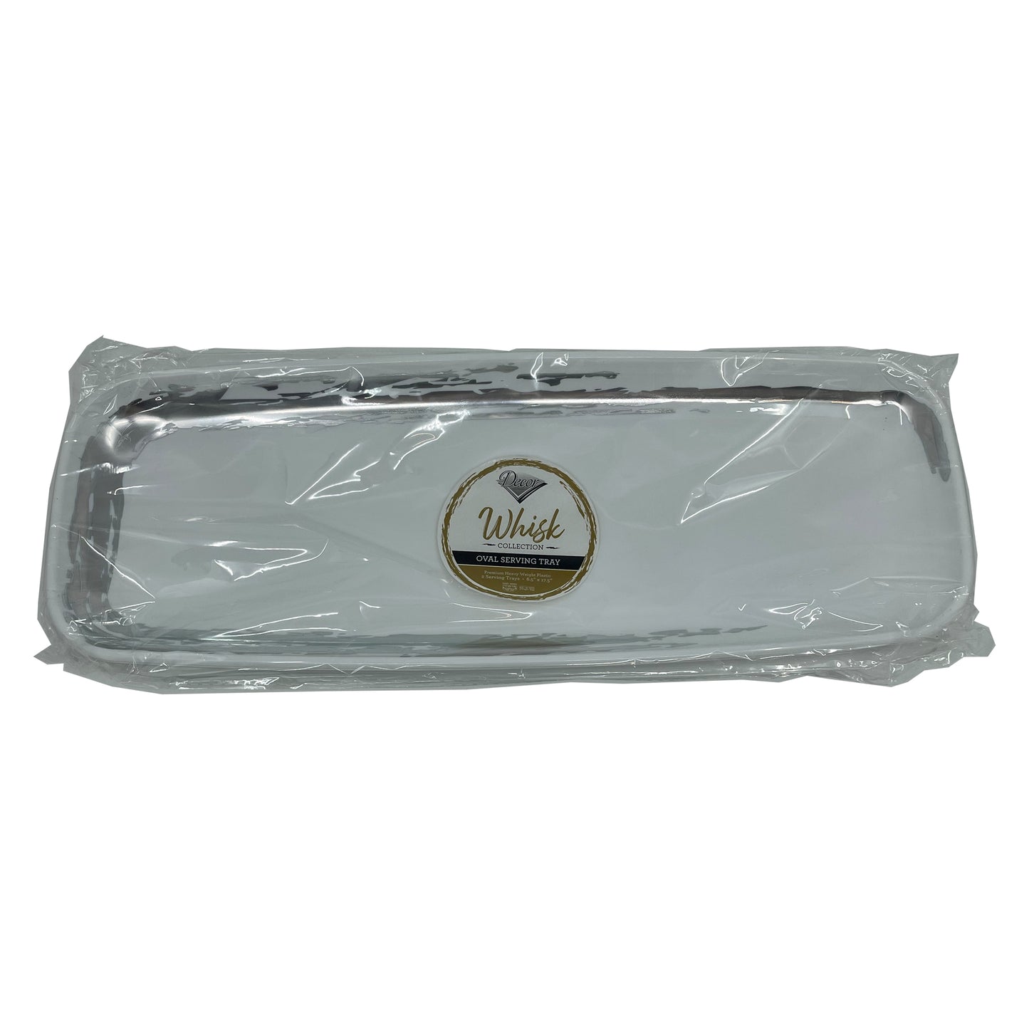 Whisk 6.5"x17.5" White Silver Accent Plastic Disposable Oval Serving Tray 2 Pack Disposable Serving Trays Decorline