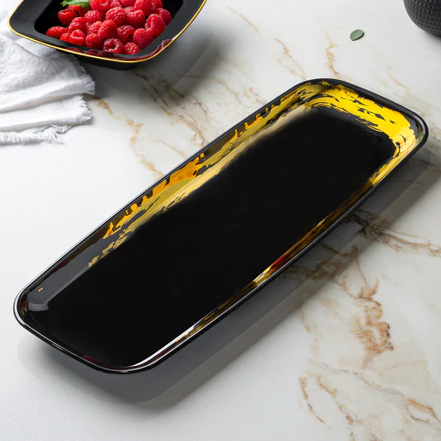 Whisk Collection 6.5" x 17.5" Black Oval Serving Plastic Tray Gold Accent Decorline