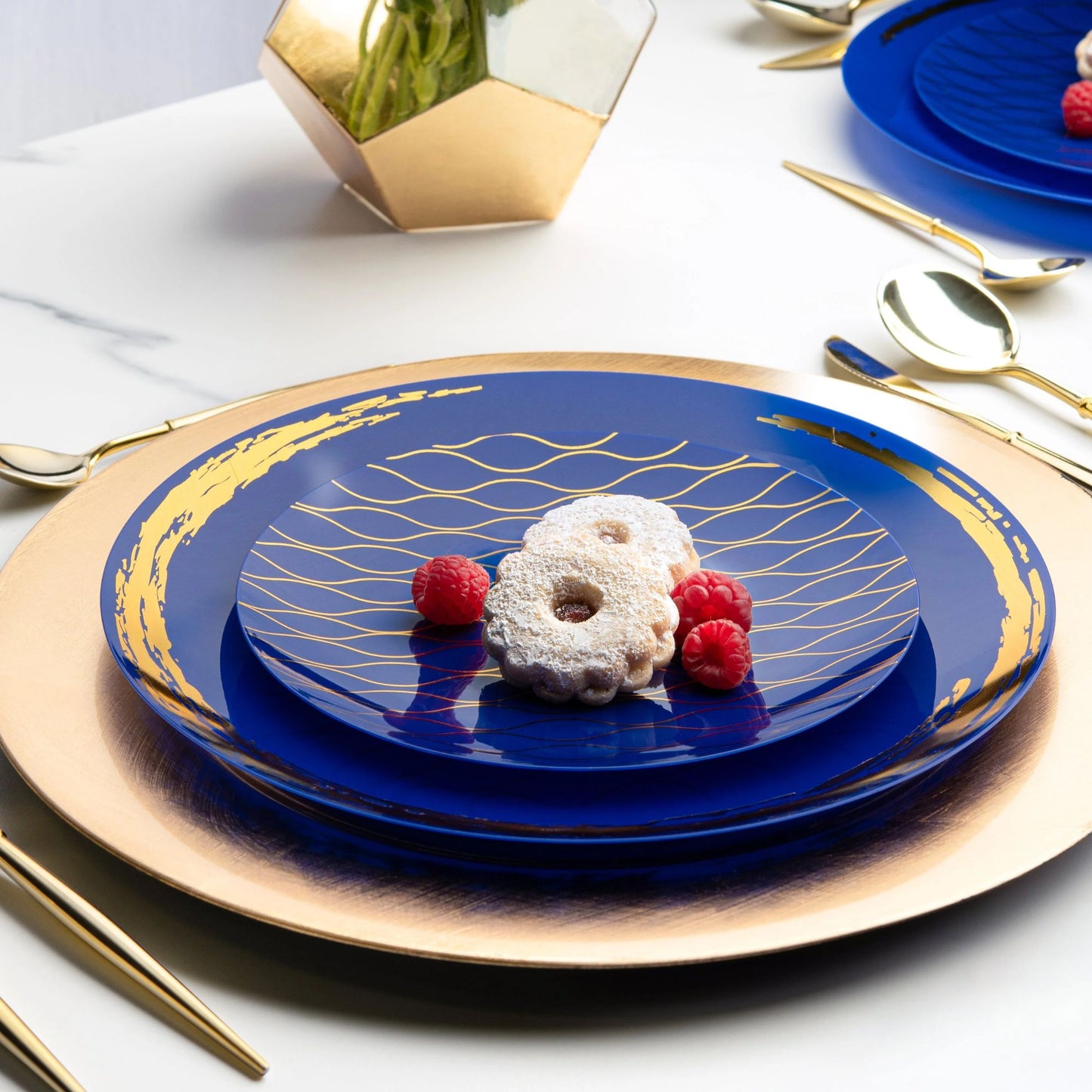 10.25" Blue & Gold Plastic Dinner Plates-Whisk -10 Pack Disposable Plates Decorline