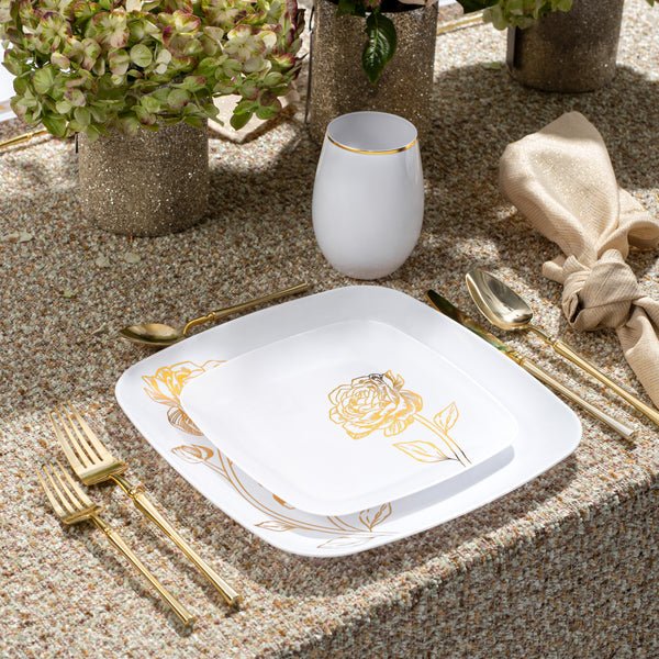 Peony 7.25" White & Gold Square Appetizer/Dessert Plates Decorline