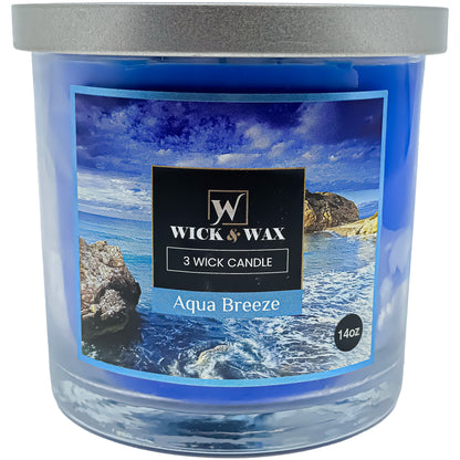 Aqua Breeze Scented Jar Candle (3-wick) - 14oz.  WICK & WAX   