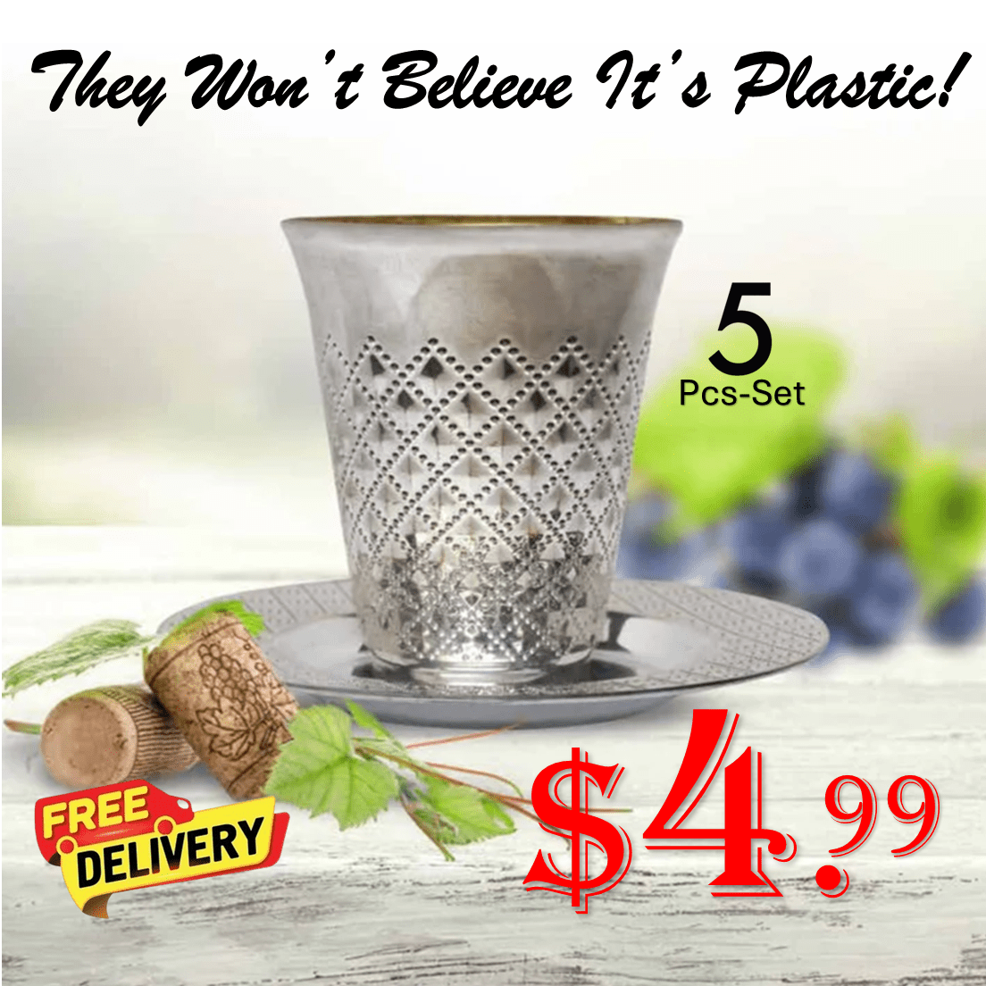 5oz Plastic kiddish Wine Cup and Saucer Set Silver Decor Diamond Disposable Cups Decorline