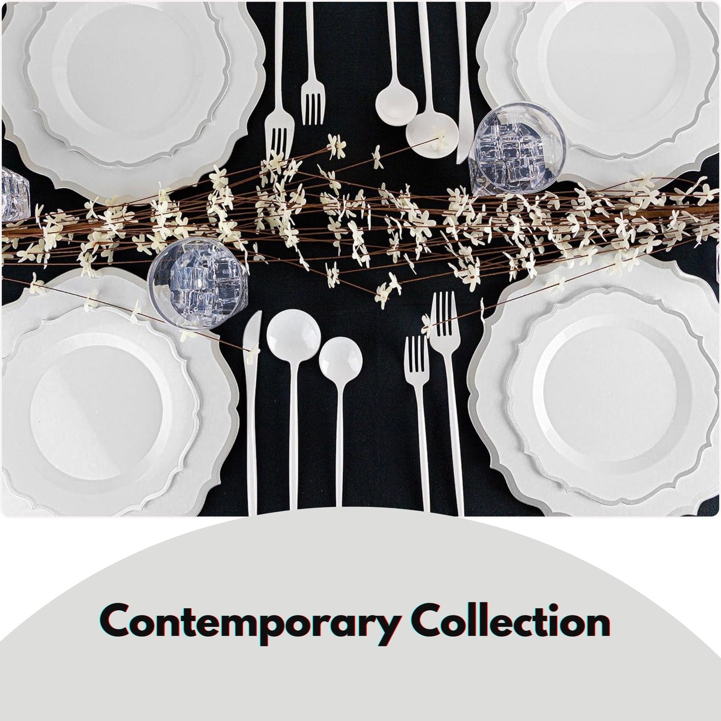 10"&7" White & Silver Plastic Plates Combo Set: Contemporary