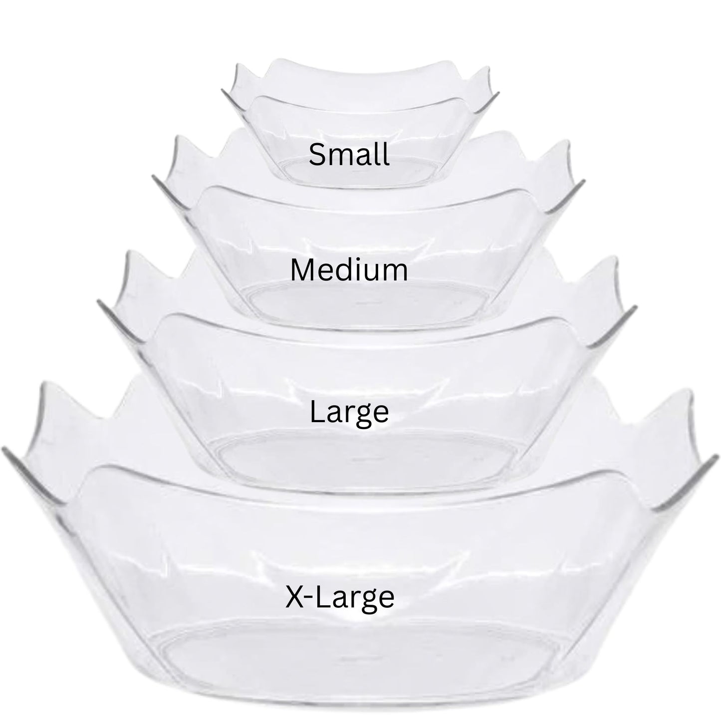 Set of four clear plastic bowls labeled Small, Medium, Large, and X-Large on a white background.