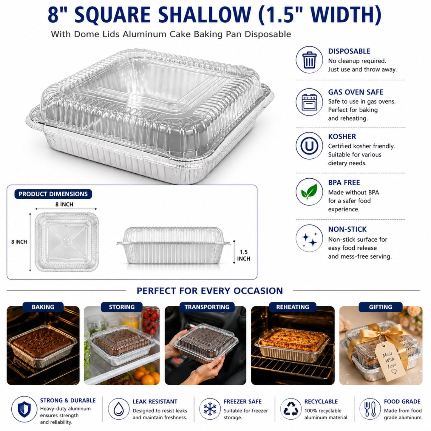 8" SHALLOW (1.5" width) With Dome Lids Aluminum Cake Baking Pan Disposable Disposable Square Cake Pan VeZee