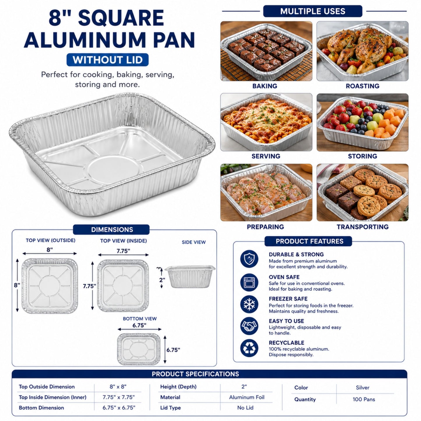 *WHOLESALE* 8" x 8" Square Aluminum Foil Pans 500/Case Disposable Lids VeZee