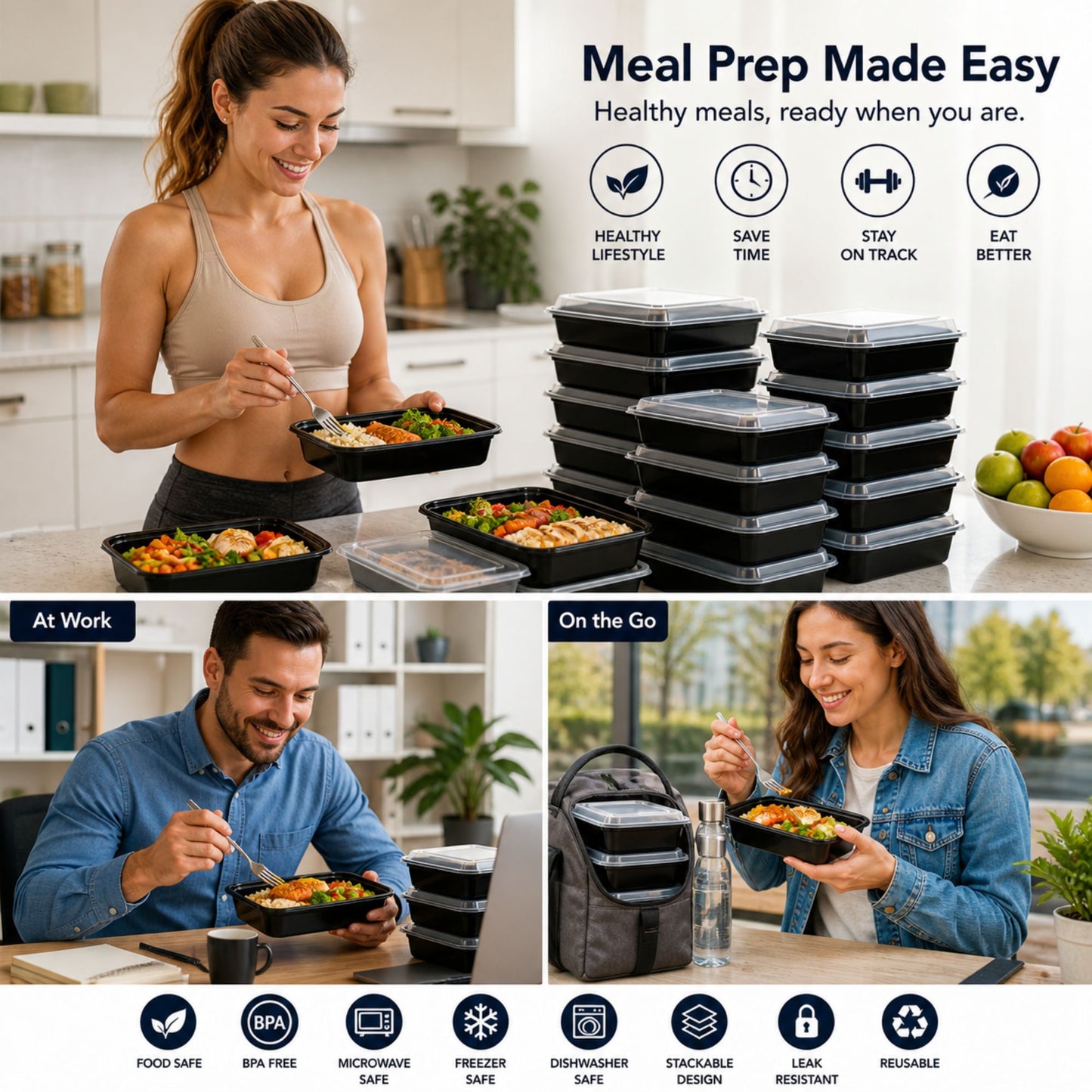 28oz black rectangular meal prep containers with clear lids used at home, work, and on-the-go showing healthy food storage, stackable design, and BPA-free microwave-safe features