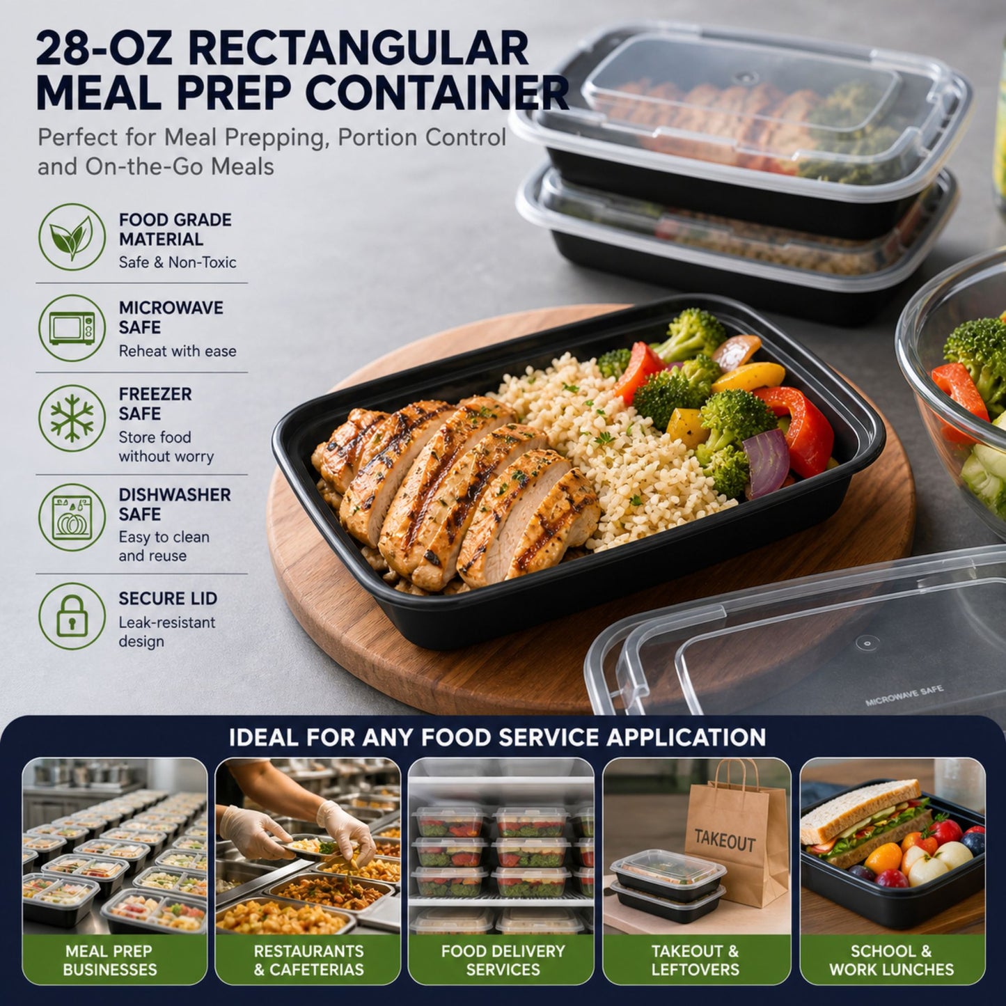 *WHOLESALE* 28oz Black Plastic Rectangular Containers with clear lids 150/Case Food Storage & Serving VeZee