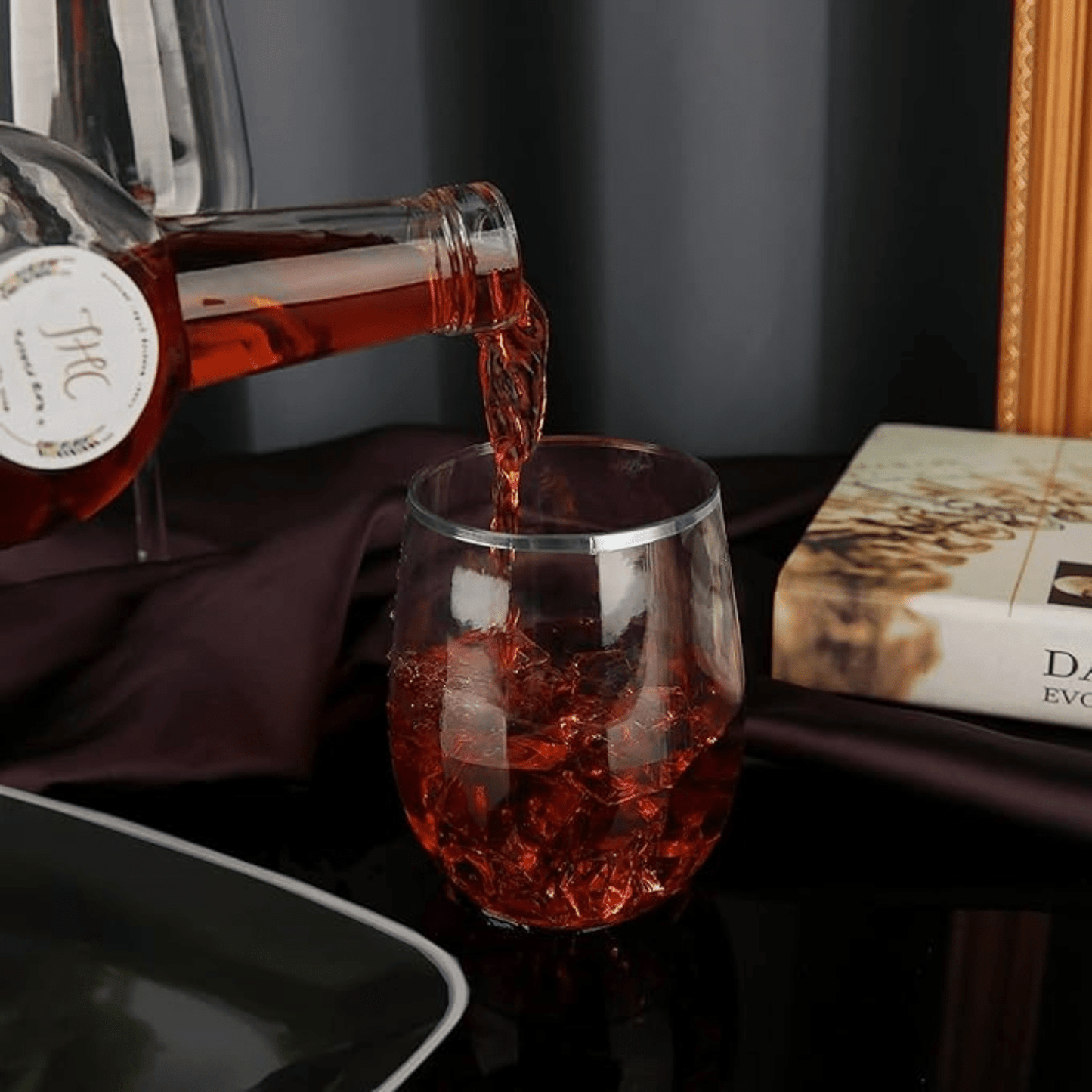 Silver Rim Stemless Plastic Wine Glasses Goblet 12 oz Wine Goblets Decorline