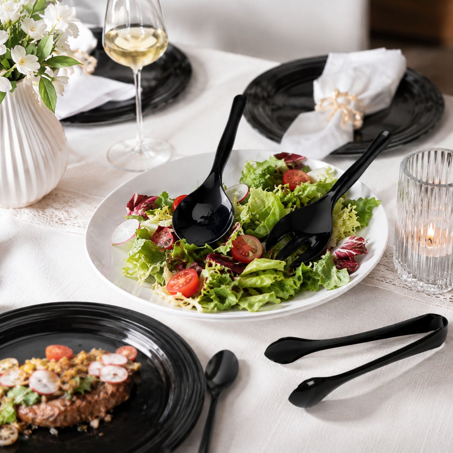 Plastic Serving Utensils,Heavy Duty Black Disposable, 9 Piece Set Disposable Cutlery Set Vezee