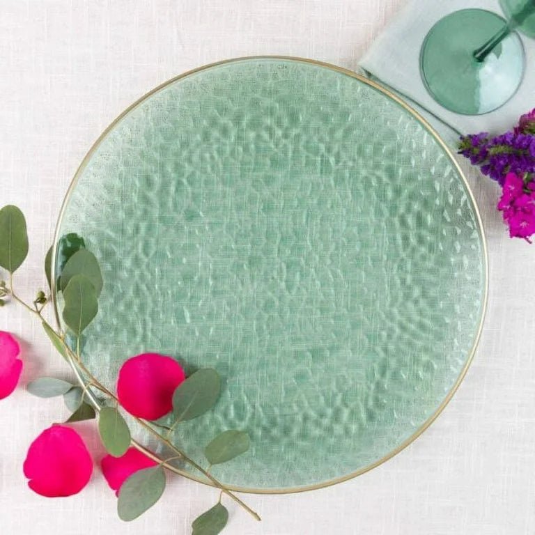 Organic Hammered 10" Green with Gold Rim Dinner Plates Tablesettings Blue Sky