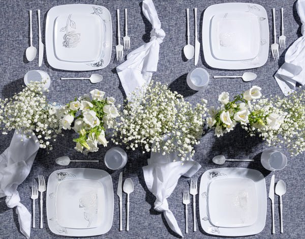 Peony 7.25" White & Silver Square Disposable Plastic Dessert Plate 32Pc Set Disposable Plates Decorline