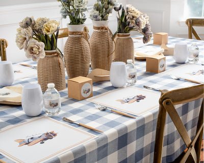 COMBO SET Peony 10.25" & 7.25" White and Blue Square Plastic Dinnerware Set Combo Disposable Plates Decorline