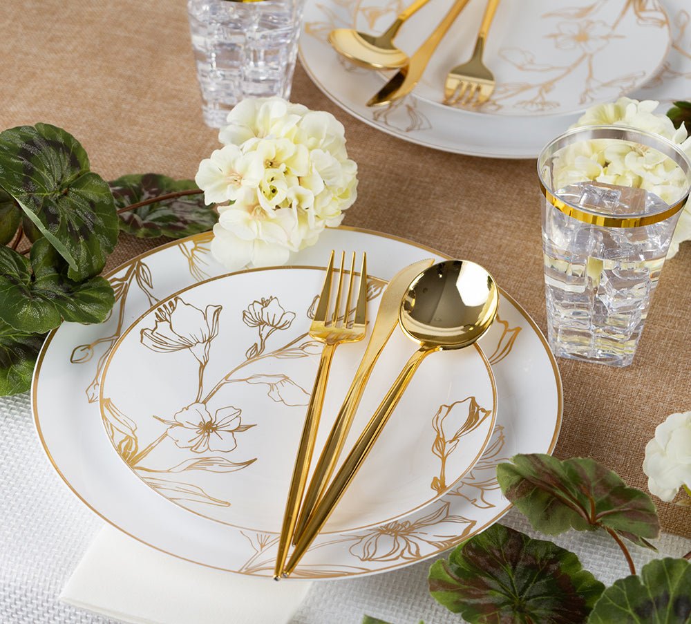 *BUY BULK* Antique Gold Floral s Disposable Plastic Dinner Tableware COMBO Set Disposable Tableware Blue Sky