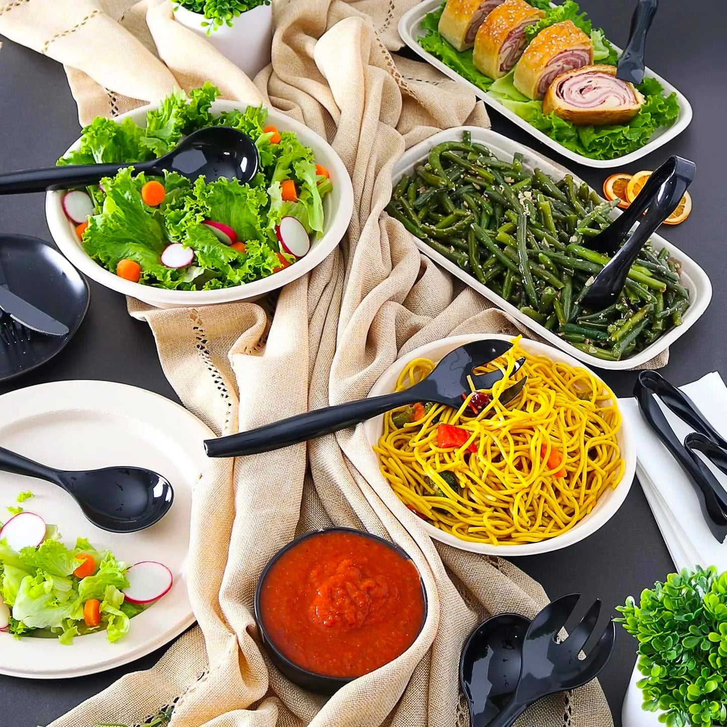 Plastic Serving Utensils, Heavy Duty Black Disposable, 3-Piece Each-in-One, Set 18-Piece Serverware Vezee