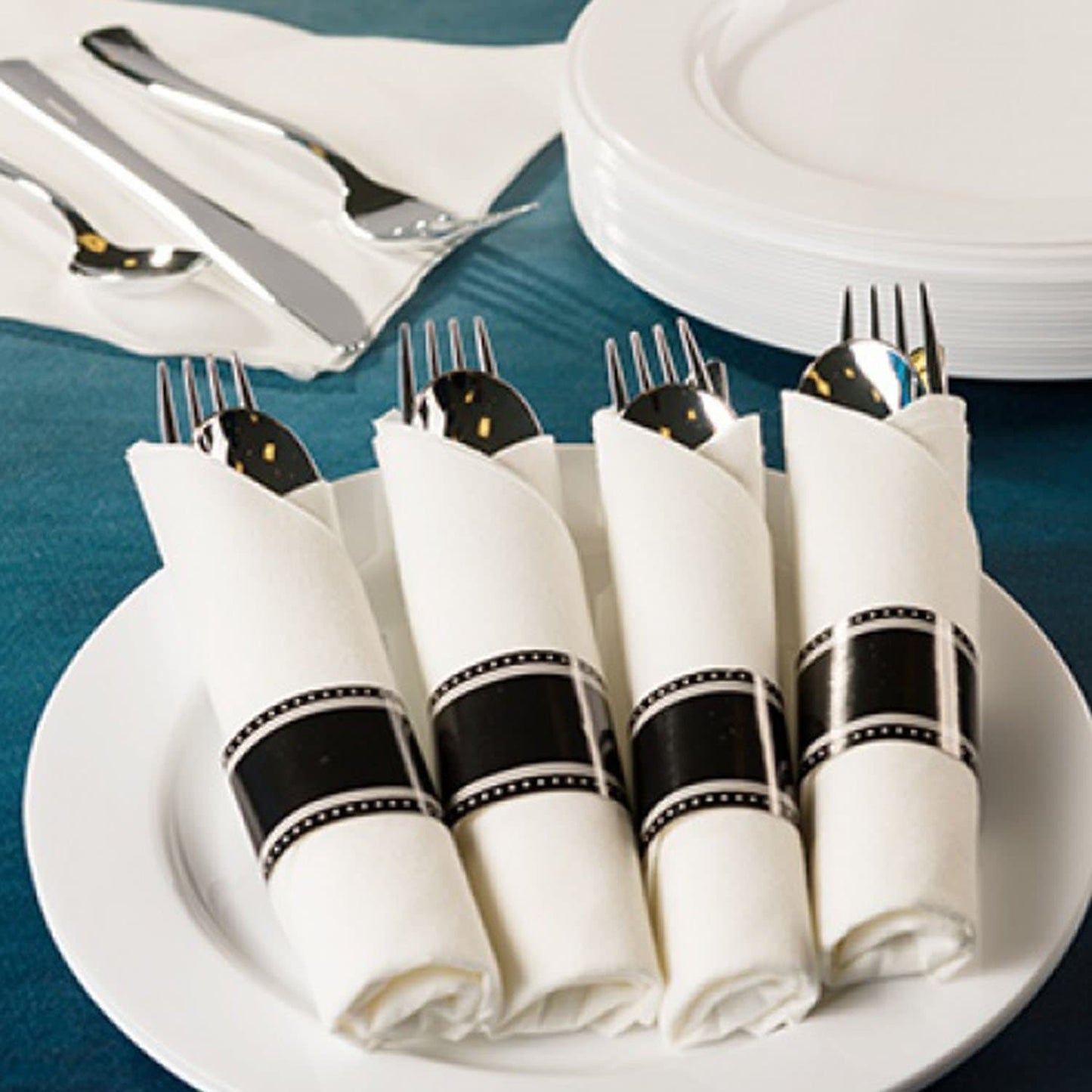 Pre-Rolled Cutlery And Napkin Black Set Tablesettings Lillian