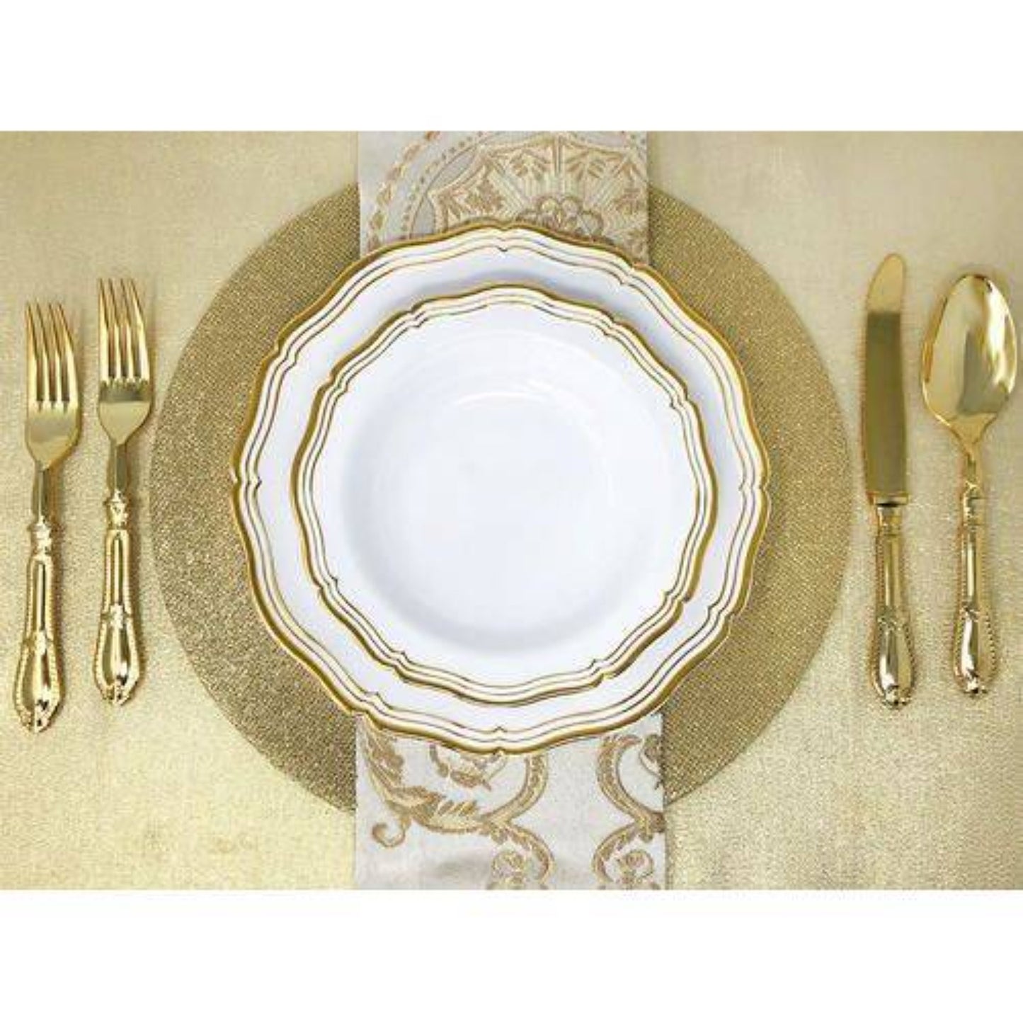 Aristocrat 7.5" White & Gold Plastic Dessert Plate 10 Pack Disposable Plates Decorline
